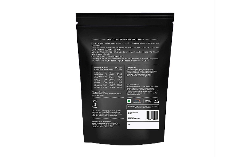 Unsnack Low-crab Chocolate Cookies    Pack  150 grams